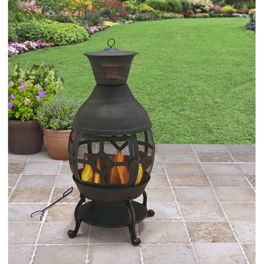 Wood Burning Cast Iron Chiminea Outdoor Fireplace with Mesh Cover 360 Degree Fire View includes Poker and Protective Cover