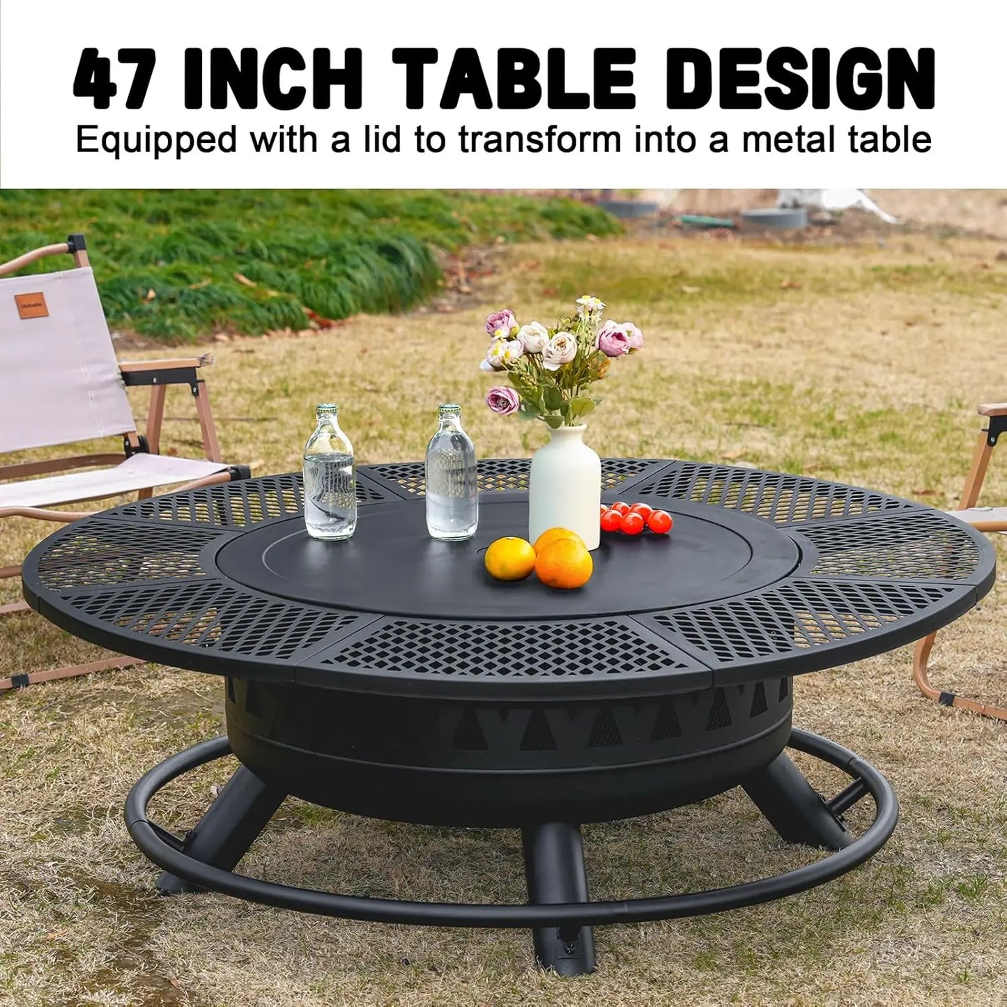 47Inch Fire Pit with 2Grills,Outdoor Extra Large Firepits for Outside,3-in-1 Round Metal Table with Lid for Backyard,Patio,Party
