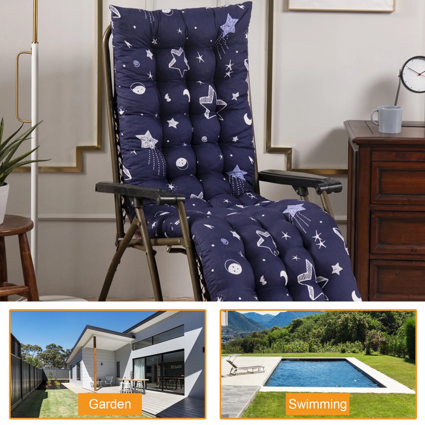53*155cm Patio Chaise Lounger Cushions Indoor/Outdoor Recliner Soft Back Cushion Rocking Chair Sofa Cushion with 6 Ties