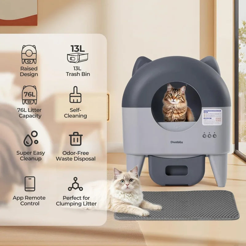 Automatic Self Cleaning Litter Box XXL for Multiple Cats APP Controlled Smart Sensors Odor Free Safety Protection Low Noise