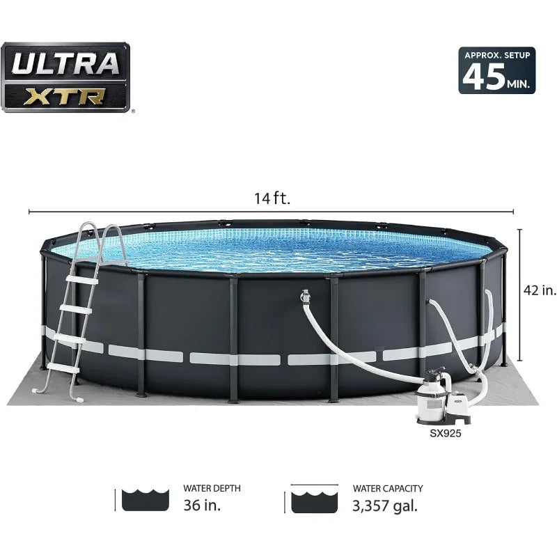 14' x 42" Round Above Ground Outdoor Swimming Pool Set with Sand Filter Pump, Ladder, Ground Cloth, and Po