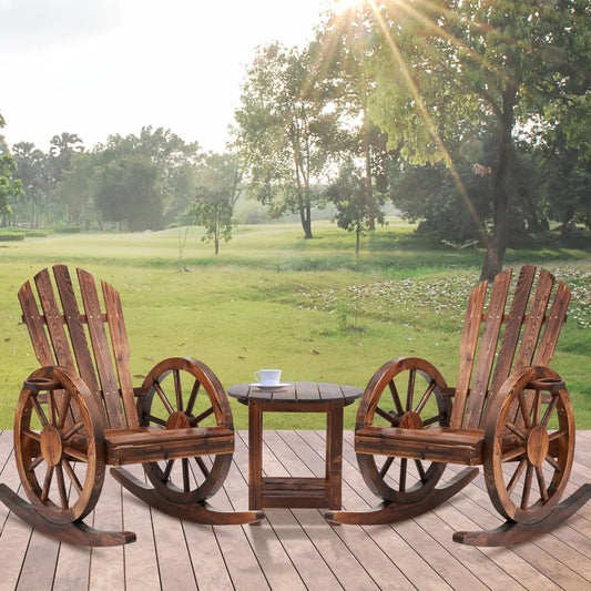 3 Pieces Outdoor Wood Rocking Chair Set, 2 Patio Decor Yard Glider Rocking Chairs with 1 Side Table, Adirondack Rocking Chair f