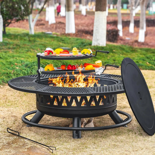 47Inch Fire Pit with 2Grills,Outdoor Extra Large Firepits for Outside,3-in-1 Round Metal Table with Lid for Backyard,Patio,Party