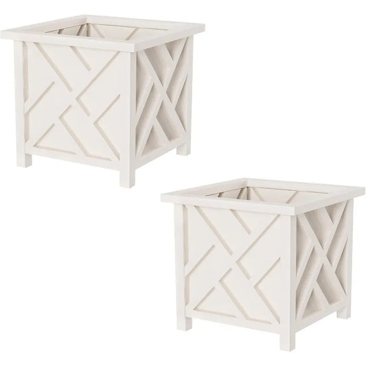 Lattice Design Planter Box 2-Pack – 14.75-Inch Decorative Outdoor Flower or Plant Pots – Front Porch, Patio, and Garden Decor