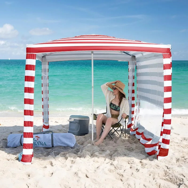 CROWN SHADES Beach Cabana 6.5 x 6.5, Cool Cabana Beach Tent Easy Pop Up - UPF50+ Protection with Sidewall and More Pockets, Red