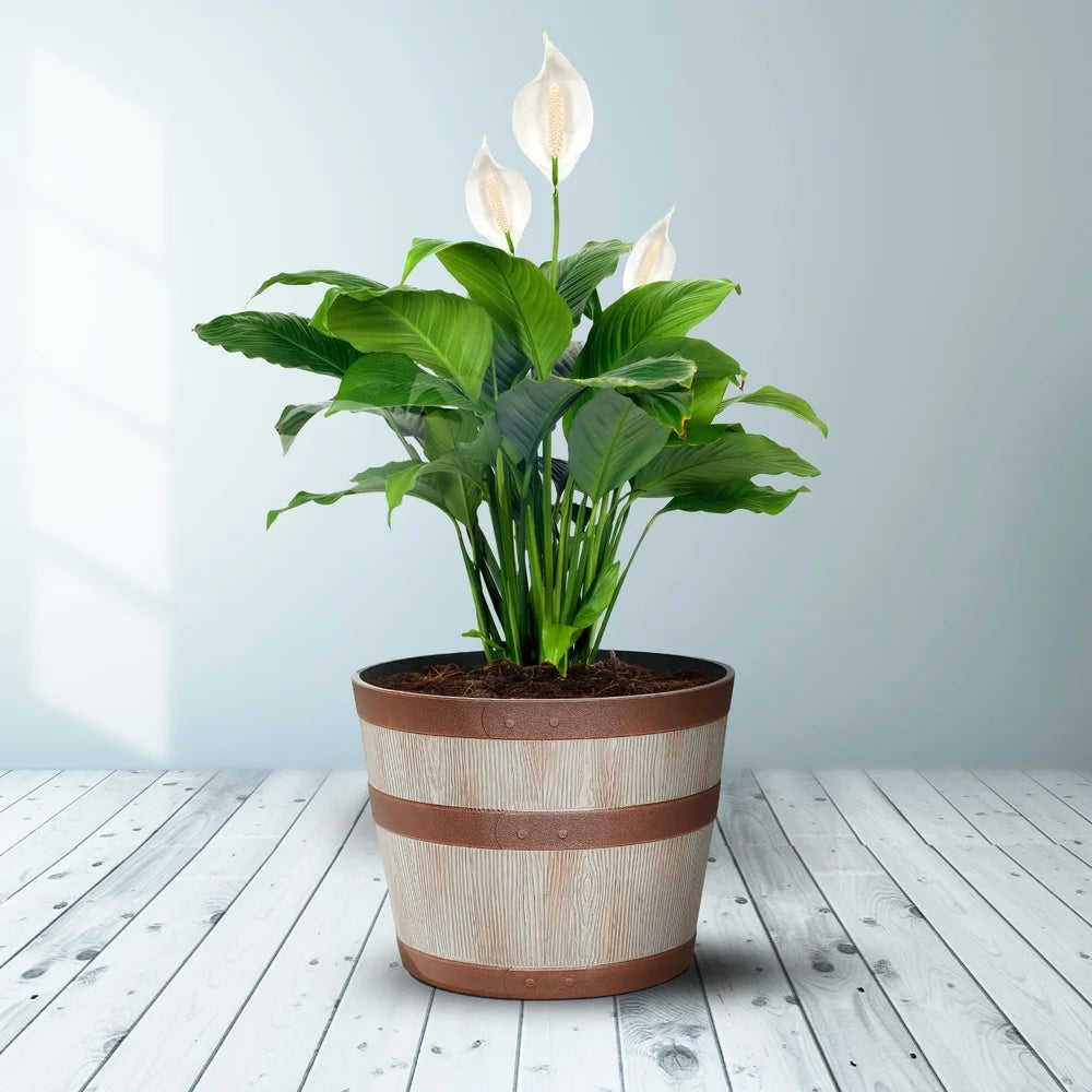Whiskey Barrel Resin Planter Durable Indoor Outdoor Round Pot with Drainage Holes Frost Resistant Lightweight Easy Care