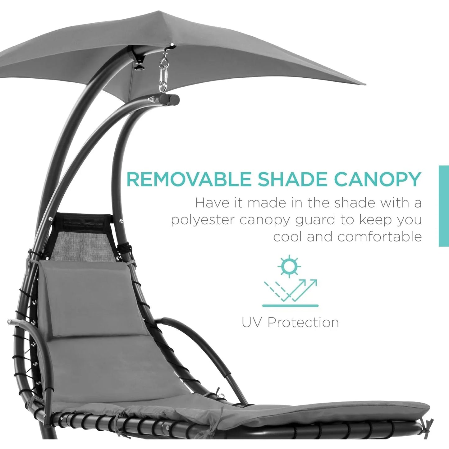 Outdoor Hanging Curved Steel Chaise Lounge Chair Swing w/Built-in Pillow and Removable Canopy - Charcoal Gray