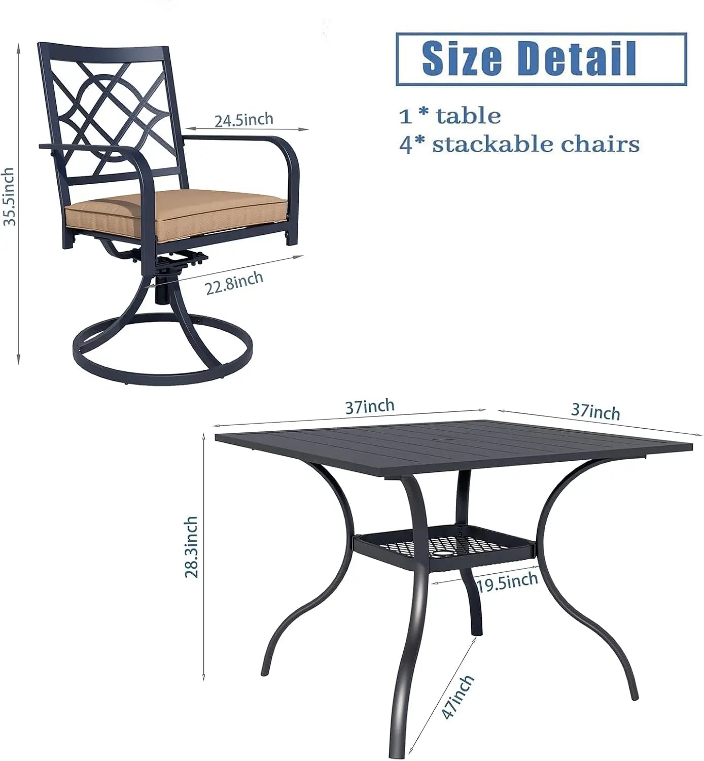 5-Piece Metal Outdoor Patio Furniture Outdoor Dining Set with Brown Umbrella, 4 Metal Swivel Chairs and Square Dining Table