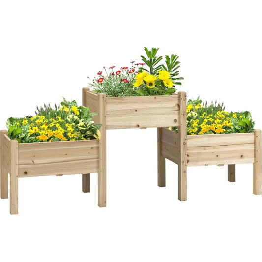 Outsunny Raised Garden Bed with 3 Planter Box, Elevated Wooden Plant Stand with Drainage Holes, for Vegetables, Herb and Flowers