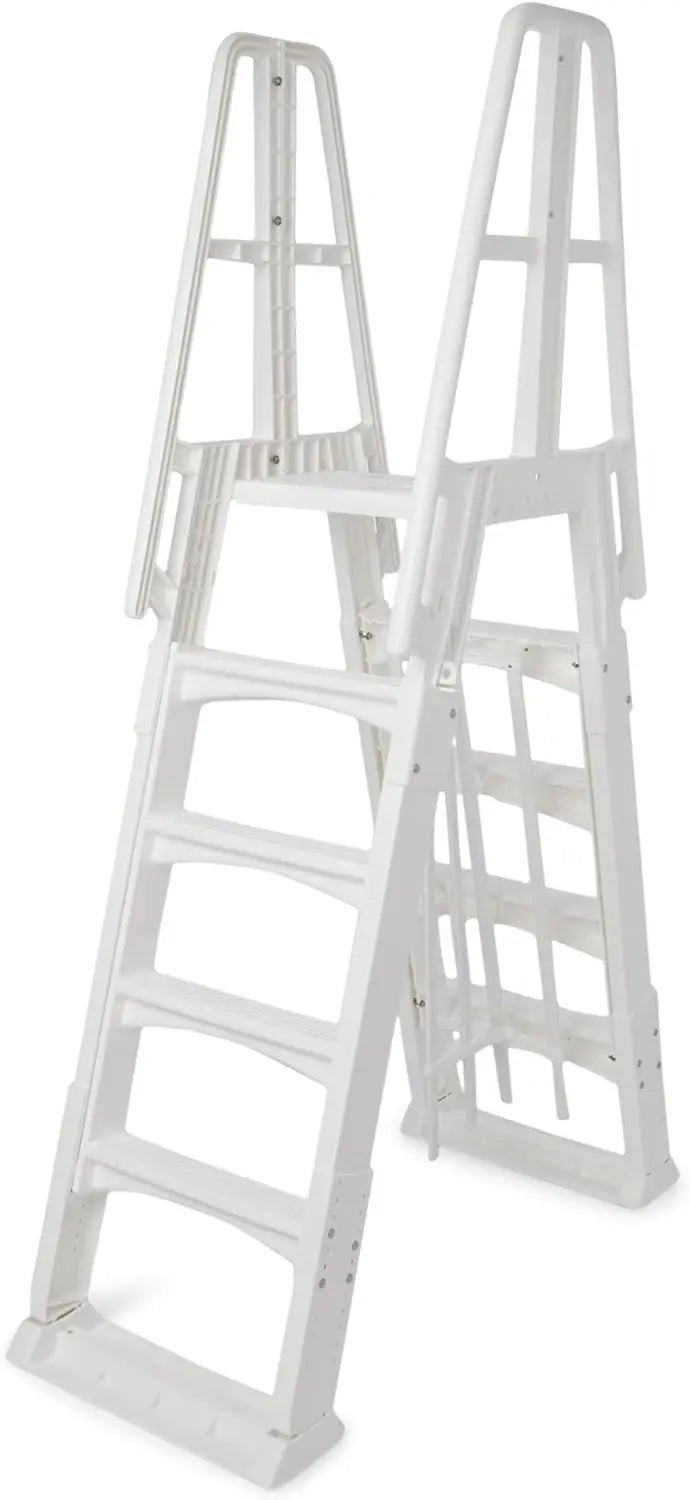 SLA A-Frame 48 to 56 Inch Adjustable Above Ground Swimming Pool Ladder Entry System with Slide Lock Barrier and Handrails, White