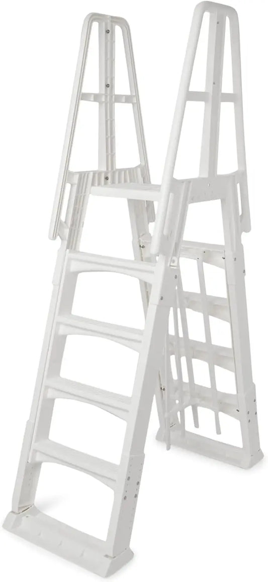 SLA A-Frame 48 to 56 Inch Adjustable Above Ground Swimming Pool Ladder Entry System with Slide Lock Barrier and Handrails, White