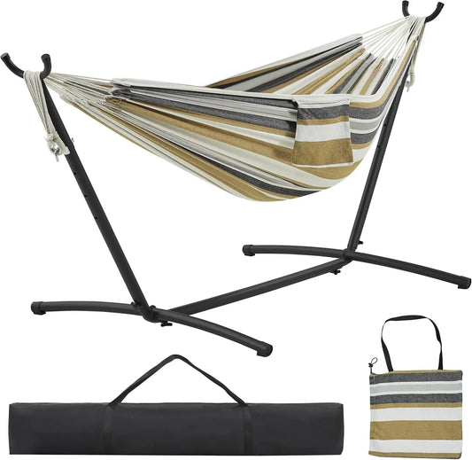 Double Hammock w/Stand, 2-People Hammock & Stand Set w/Storage Bag & Carrying Bag, Outdoor/Indoor Heavy-Duty Portable Hammock