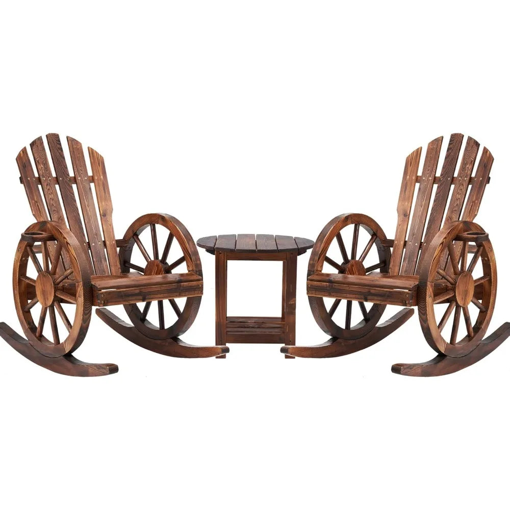 3 Pieces Outdoor Wood Rocking Chair Set, 2 Patio Decor Yard Glider Rocking Chairs with 1 Side Table, Adirondack Rocking Chair f