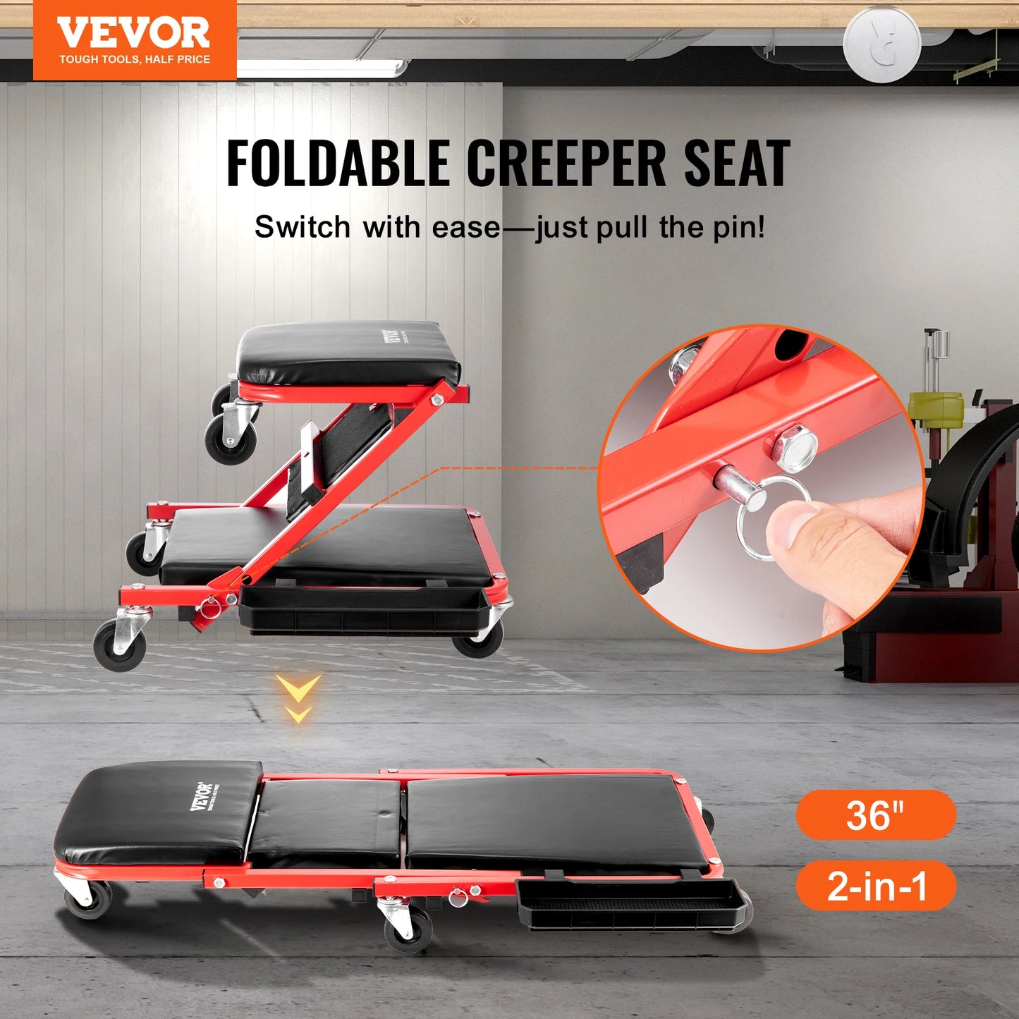 SucceBuy Foldable Z Garage Creeper Rolling Folding Mechanic Creeper Stool with 6 Wheels Tool Tray Padded Seat Garage Shop Home