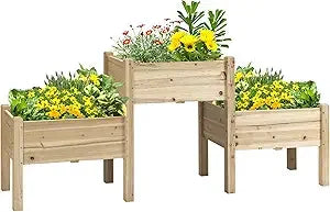 Outsunny Raised Garden Bed with 3 Planter Box, Elevated Wooden Plant Stand with Drainage Holes, for Vegetables, Herb and Flowers