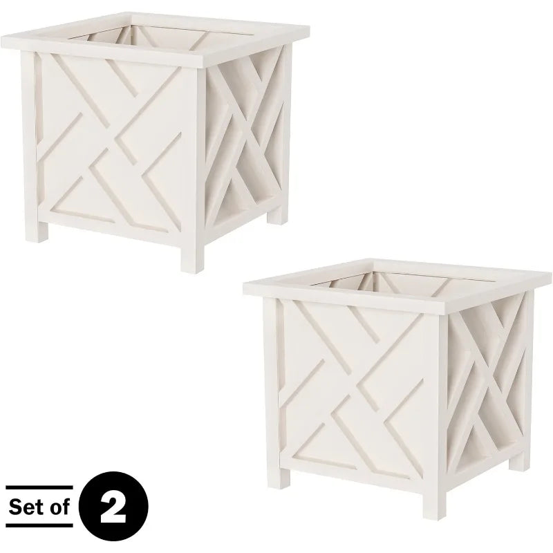 Lattice Design Planter Box 2-Pack – 14.75-Inch Decorative Outdoor Flower or Plant Pots – Front Porch, Patio, and Garden Decor