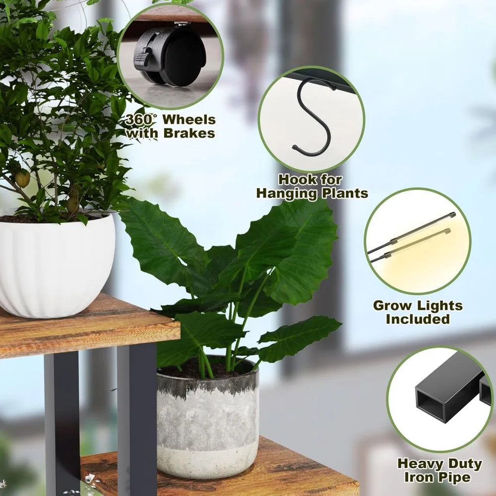 Plant Stand with Grow Light, 6 Tier Tall Plant Stand Indoor with 4 Hanging Hooks, Half Moon Shaped Ladder Plant Shelf Display