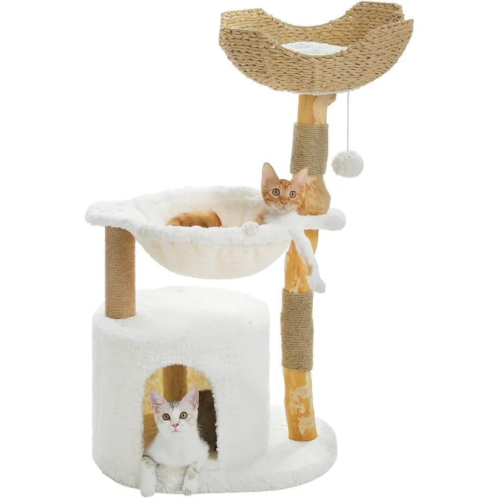 Modern Cat Tree for Large Cats, Wood Cat Tower for Indoor Cats, Real Branch Luxury Cat Furniture with Super Large Cozy Condo