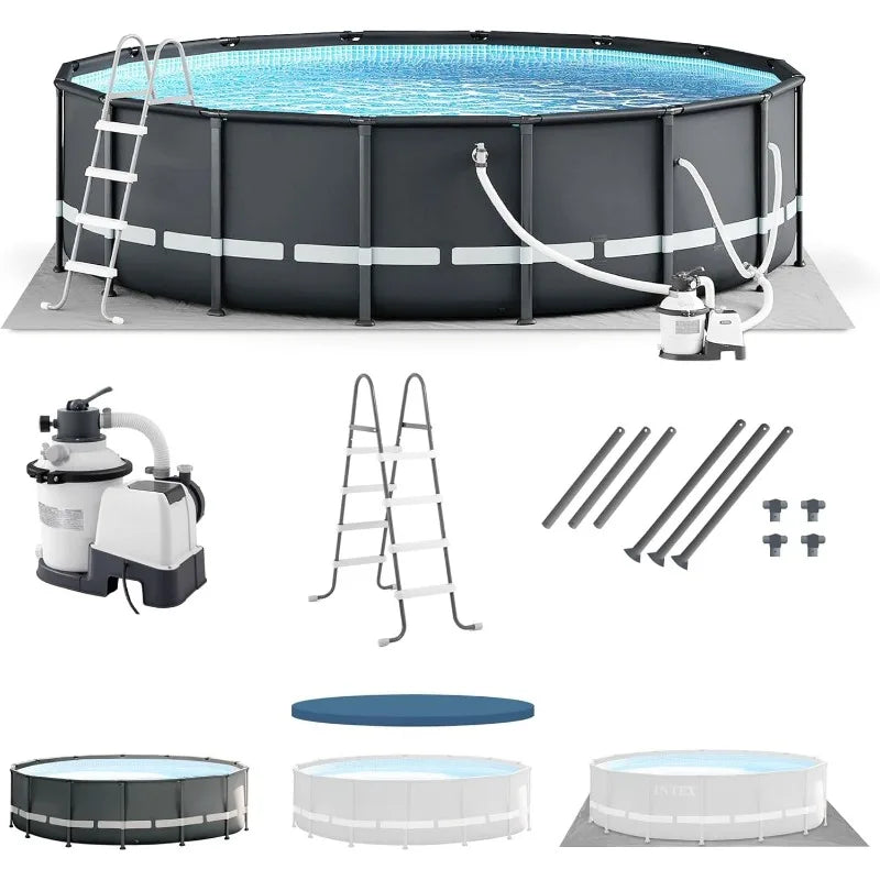 14' x 42" Round Above Ground Outdoor Swimming Pool Set with Sand Filter Pump, Ladder, Ground Cloth, and Po