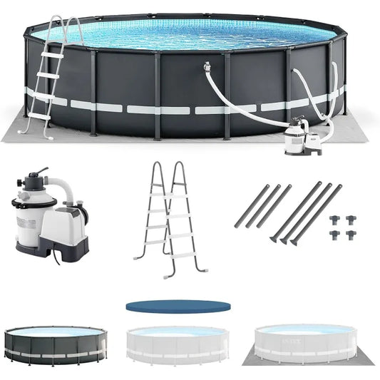 14' x 42" Round Above Ground Outdoor Swimming Pool Set with Sand Filter Pump, Ladder, Ground Cloth, and Po