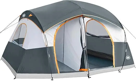 UNP Camping Tent 8/9 Person, Family Camping Tent, 5 Large Ventilation Mesh Windows, 14'x14'x78 inches Tall with Dividers Curtain