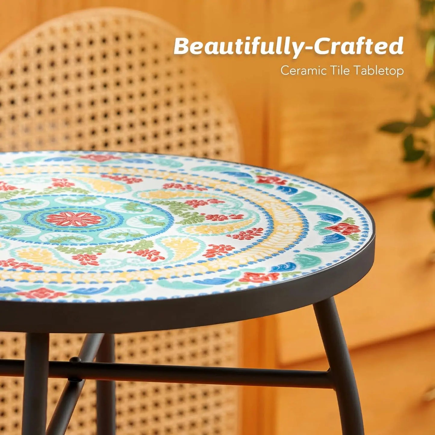 21" Mosaic Plant Stand, 14 Inch Round Side Table with Ceramic Tile Top, Indoor and Outdoor Accent Table
