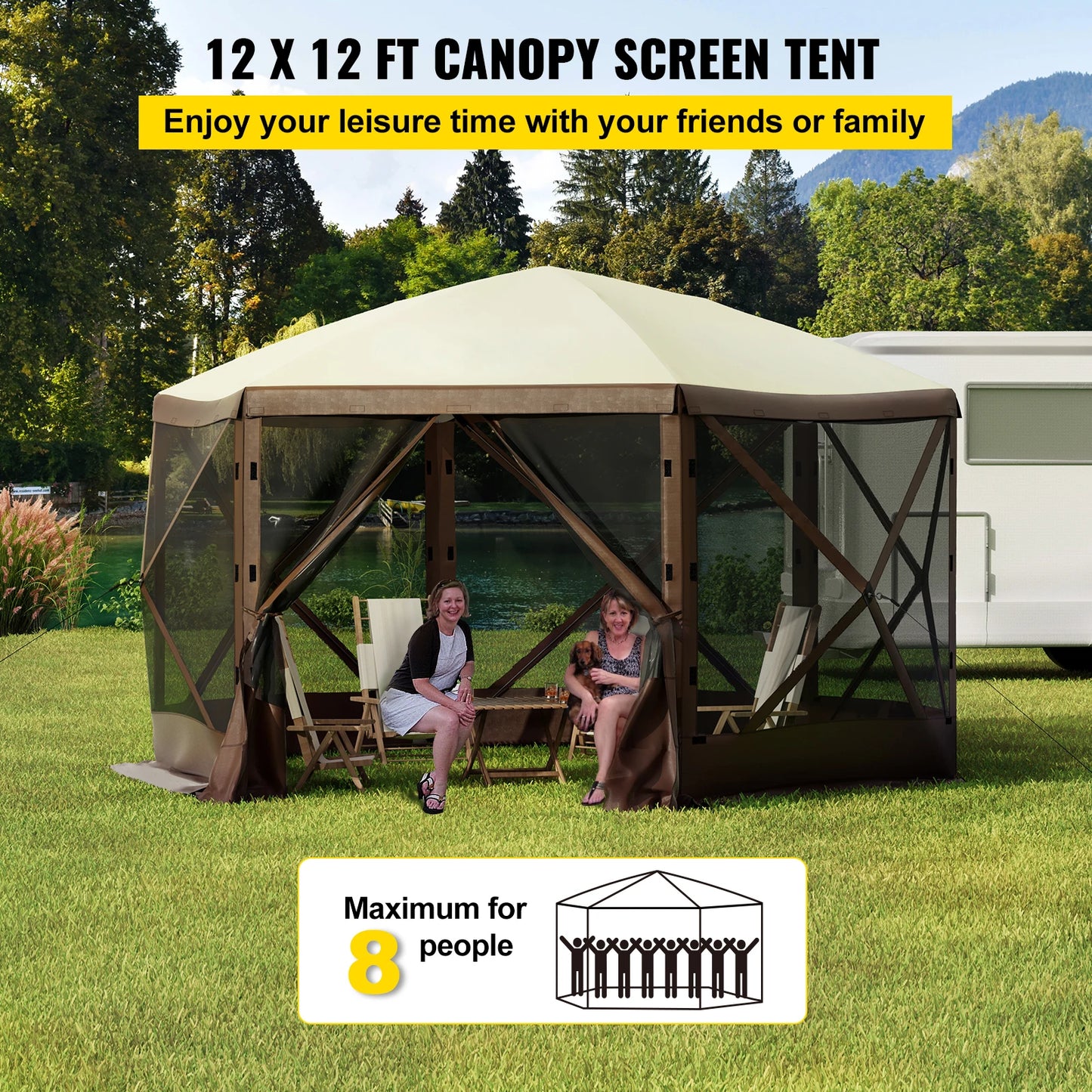 VEVOR Pop-up Camping Gazebo Camping Canopy Shelter 6 Sided 12' x 12' / 10' x 10' Sun Shade Tents & Canopies Camping & Hiking