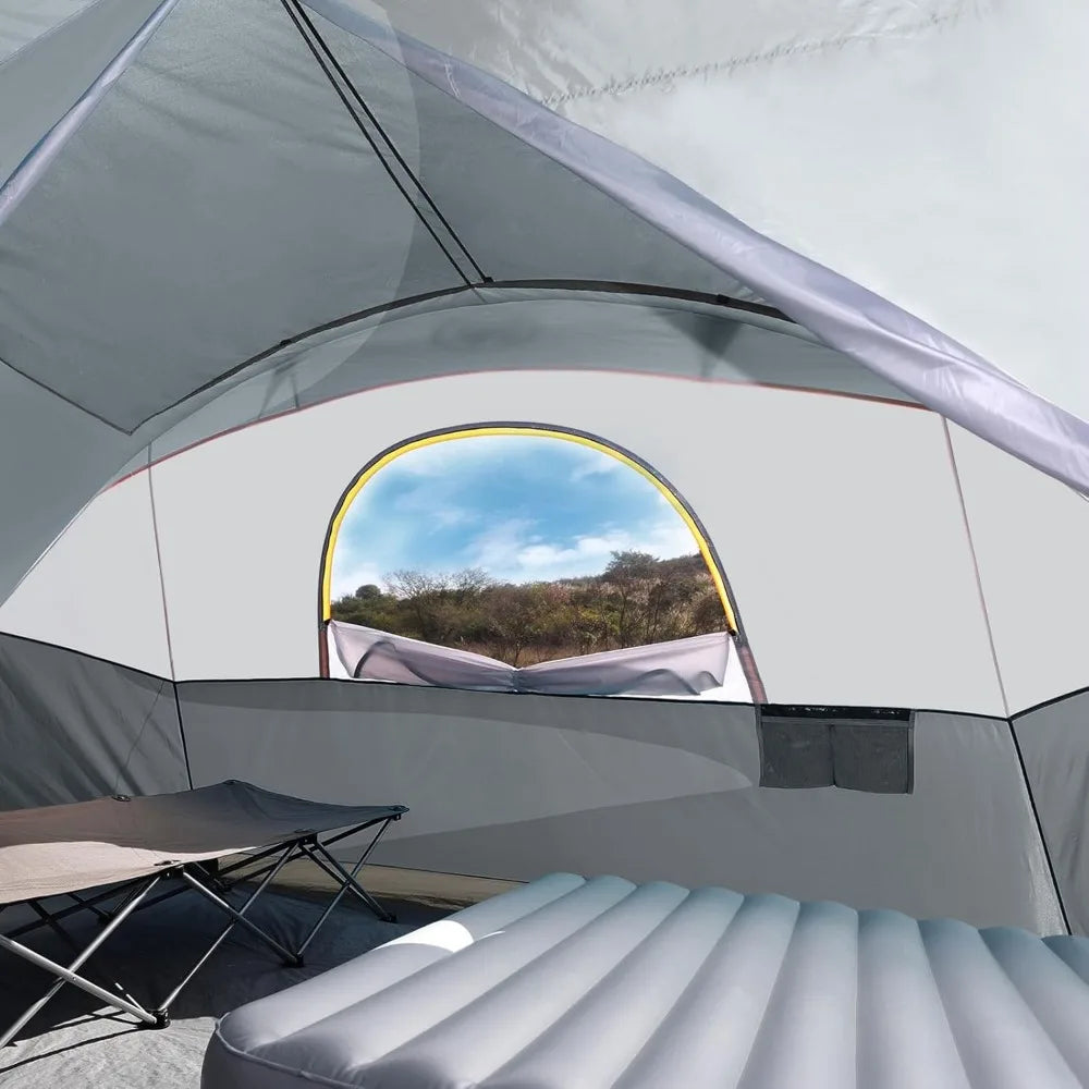 UNP Camping Tent 8/9 Person, Family Camping Tent, 5 Large Ventilation Mesh Windows, 14'x14'x78 inches Tall with Dividers Curtain