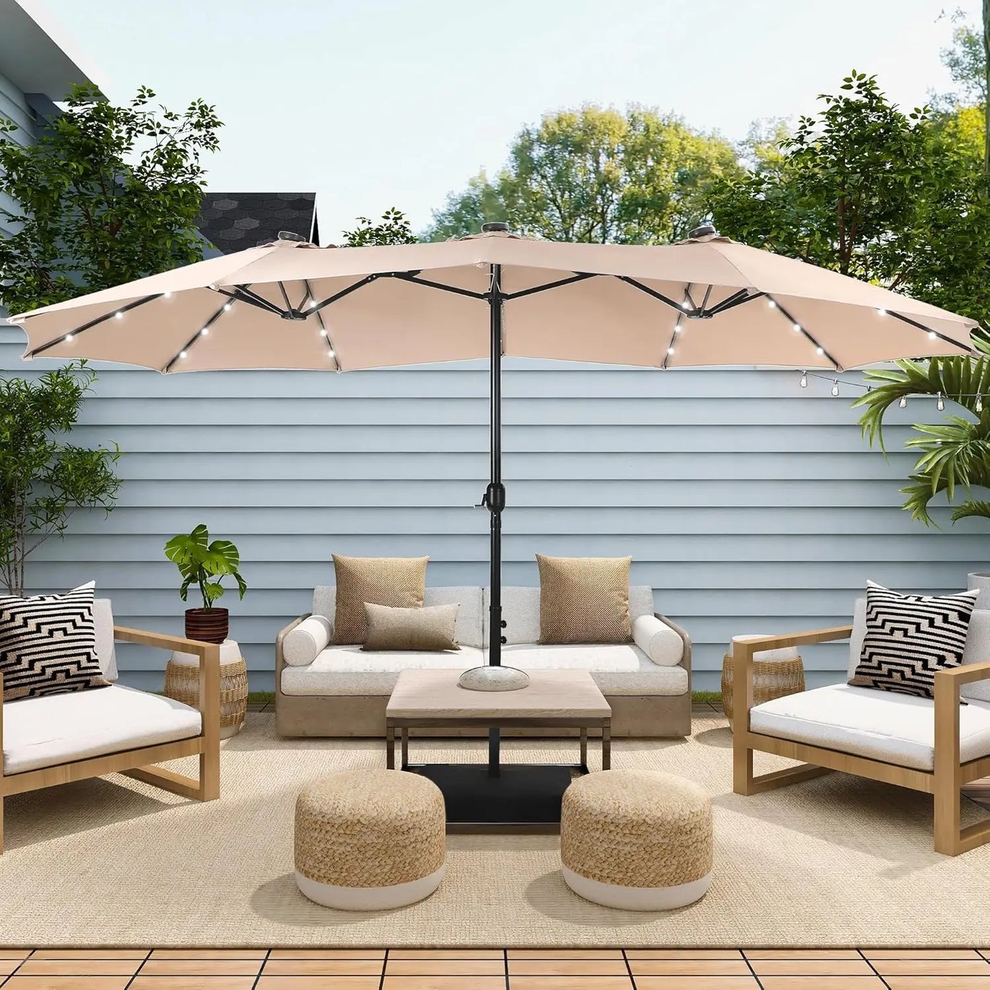 15 ft Extra Large Patio Umbrella with Solar Lights, Rectangular Outdoor Umbrella with Base Included, Market Umbrella Double