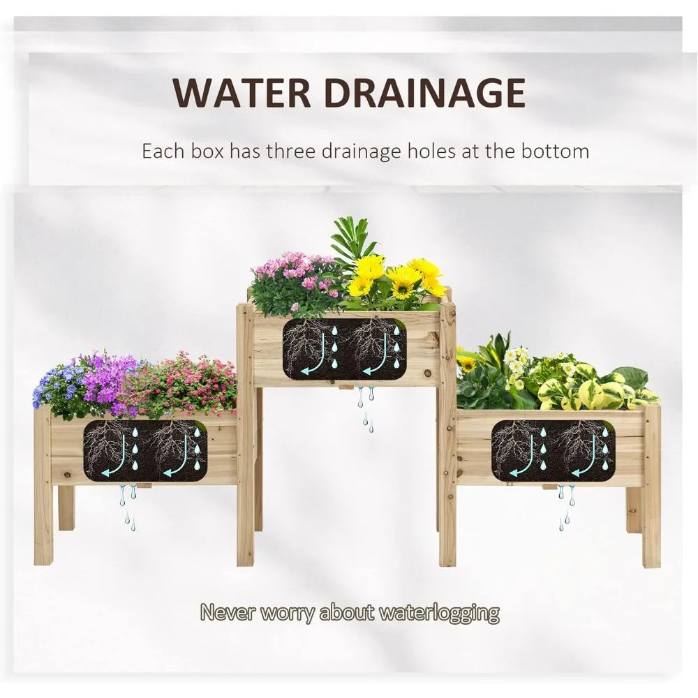 Outsunny Raised Garden Bed with 3 Planter Box, Elevated Wooden Plant Stand with Drainage Holes, for Vegetables, Herb and Flowers