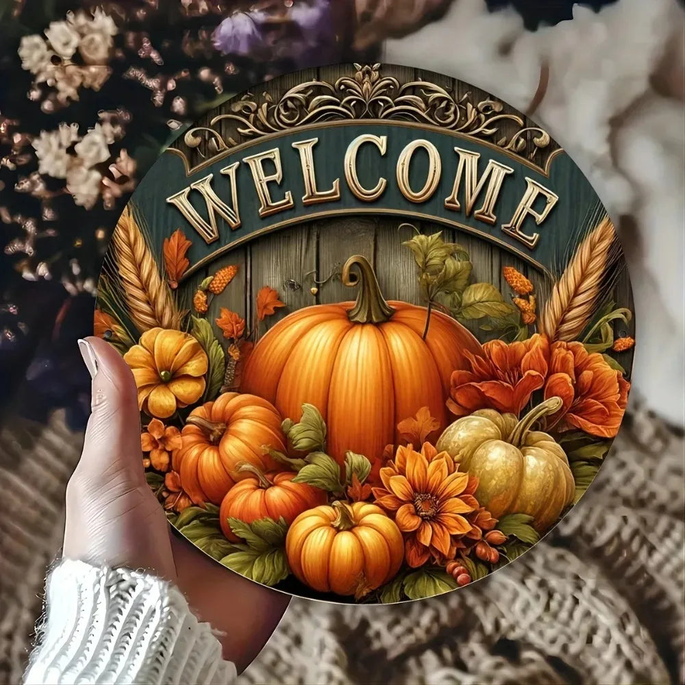 Tin Painting - 8" Round Metal Sign Welcome | Fall Harvest Festival & Thanksgiving Decor | Ideal for Home & Cafe Decorating