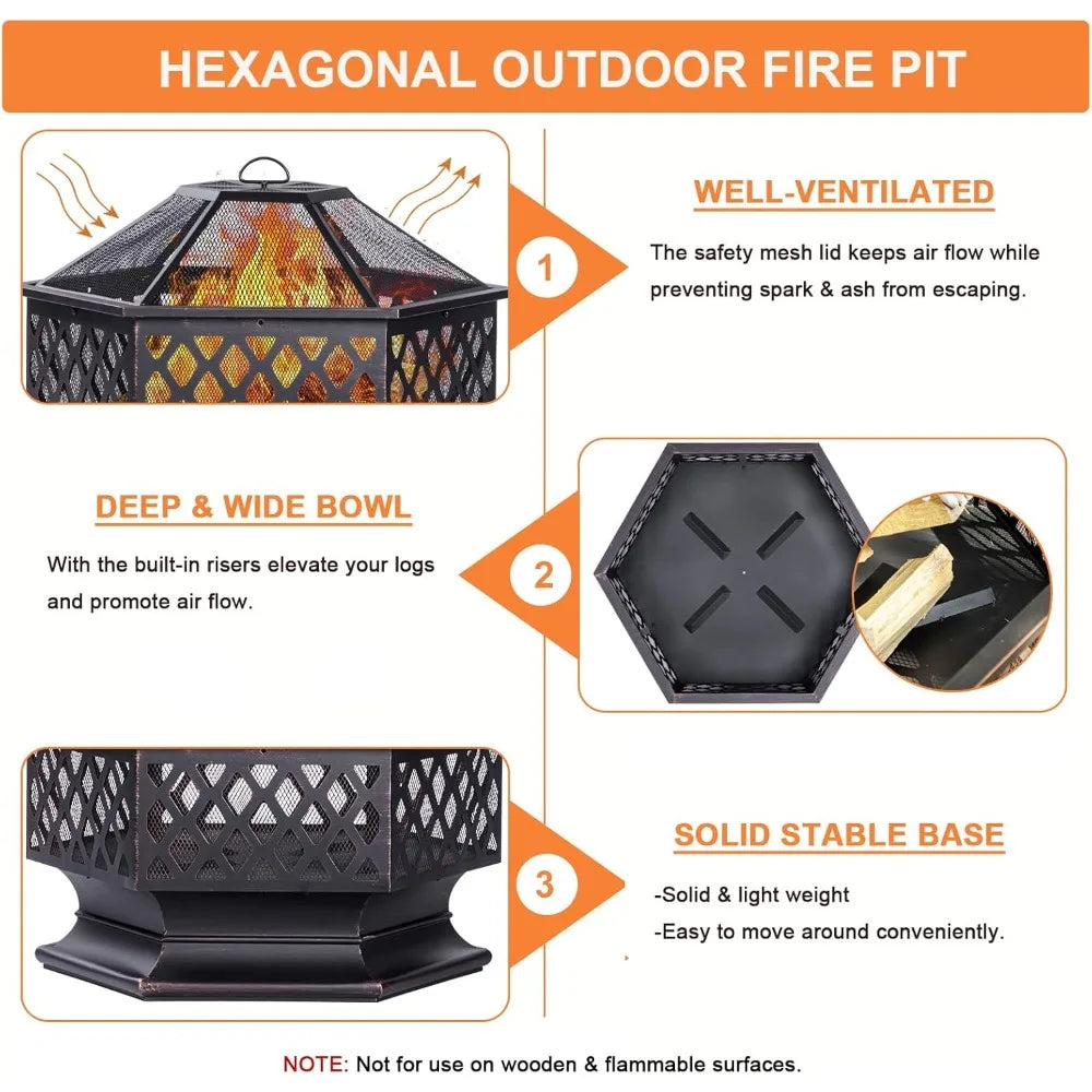 Outdoor Fire Pit, Hexagon Shaped Wood Burning Firepit for Outside Bonfire, Patio, Backyard and Camping (Antique Bronze, 33 Inch)