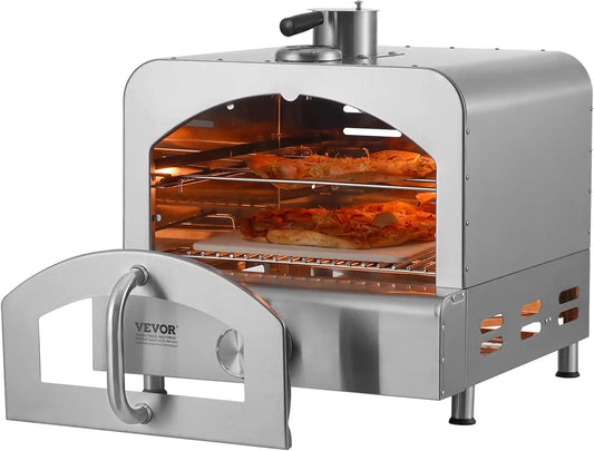 Outdoor Pizza Oven, 2-IN-1 Gas Pizza Maker & Grill, Propane Griller with Pizza Stone, Visual Door and Built-in Thermometer,