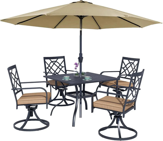 5-Piece Metal Outdoor Patio Furniture Outdoor Dining Set with Brown Umbrella, 4 Metal Swivel Chairs and Square Dining Table