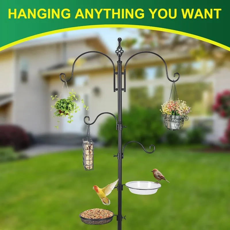 Black Iron Shepherd Hook with Base for Plant Hanging, Wind Chime & Bird Feeder - Outdoo
