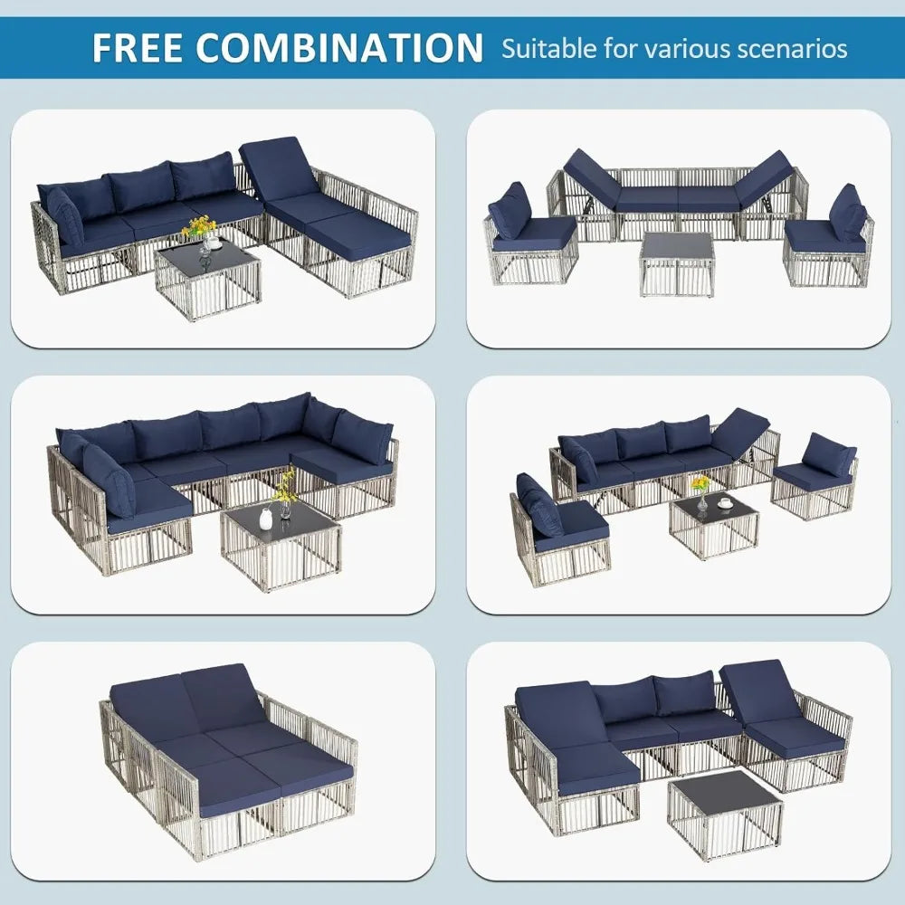 7 Pieces Outdoor Patio Furniture Set, Wicker Outdoor Sectional Conversation Couch Set with Adjustable Backrest Sofa, Blue Cushio