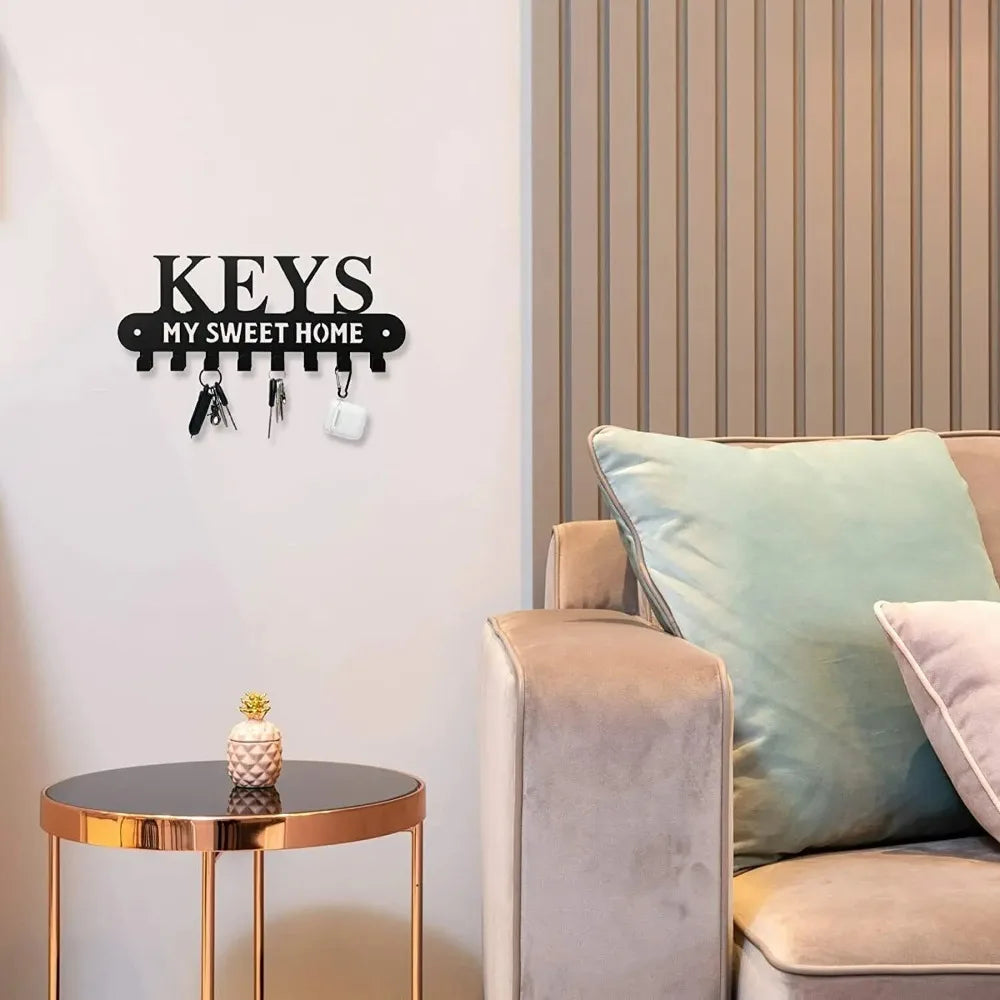 Sweet Home Decorative Wall | Black Metal Key Holder | Wall Mounted Coat & Storage Rack Hanging
