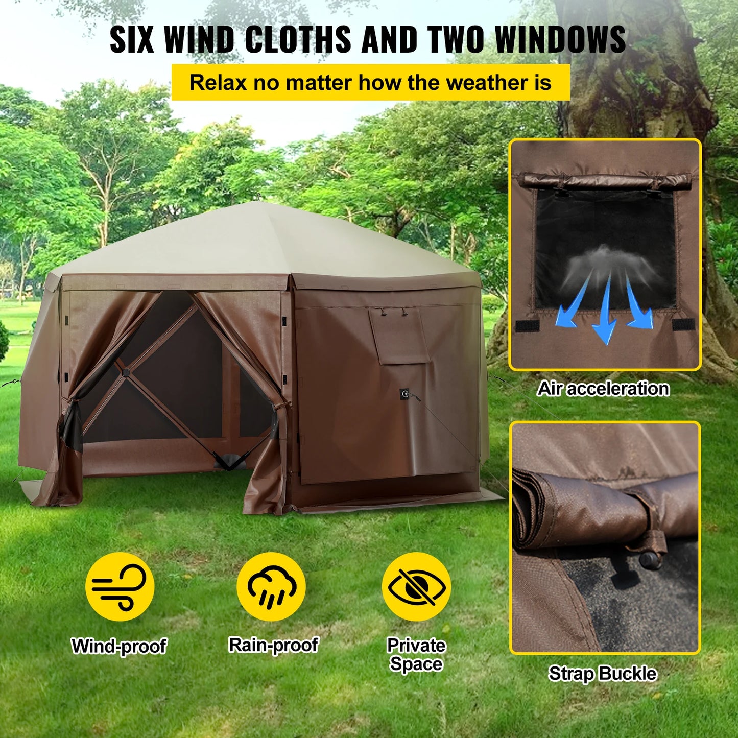 VEVOR Pop-up Camping Gazebo Camping Canopy Shelter 6 Sided 12' x 12' / 10' x 10' Sun Shade Tents & Canopies Camping & Hiking