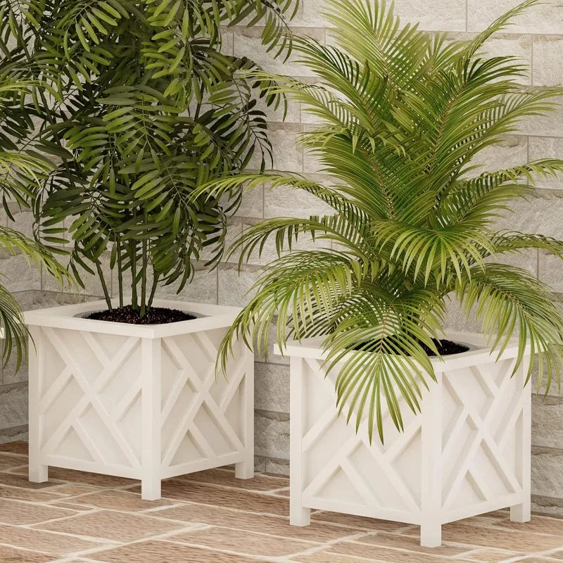 Lattice Design Planter Box 2-Pack – 14.75-Inch Decorative Outdoor Flower or Plant Pots – Front Porch, Patio, and Garden Decor