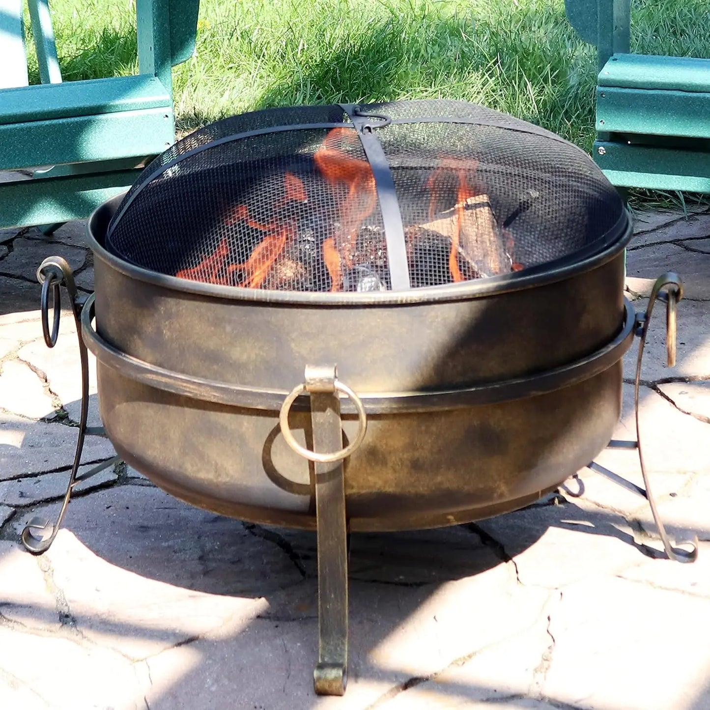 24-Inch Cauldron Style Outdoor Fire Pit Bowl - Outdoor Wood Burning Fire Pit with Spark Screen, Log Poker, and Wood Grate