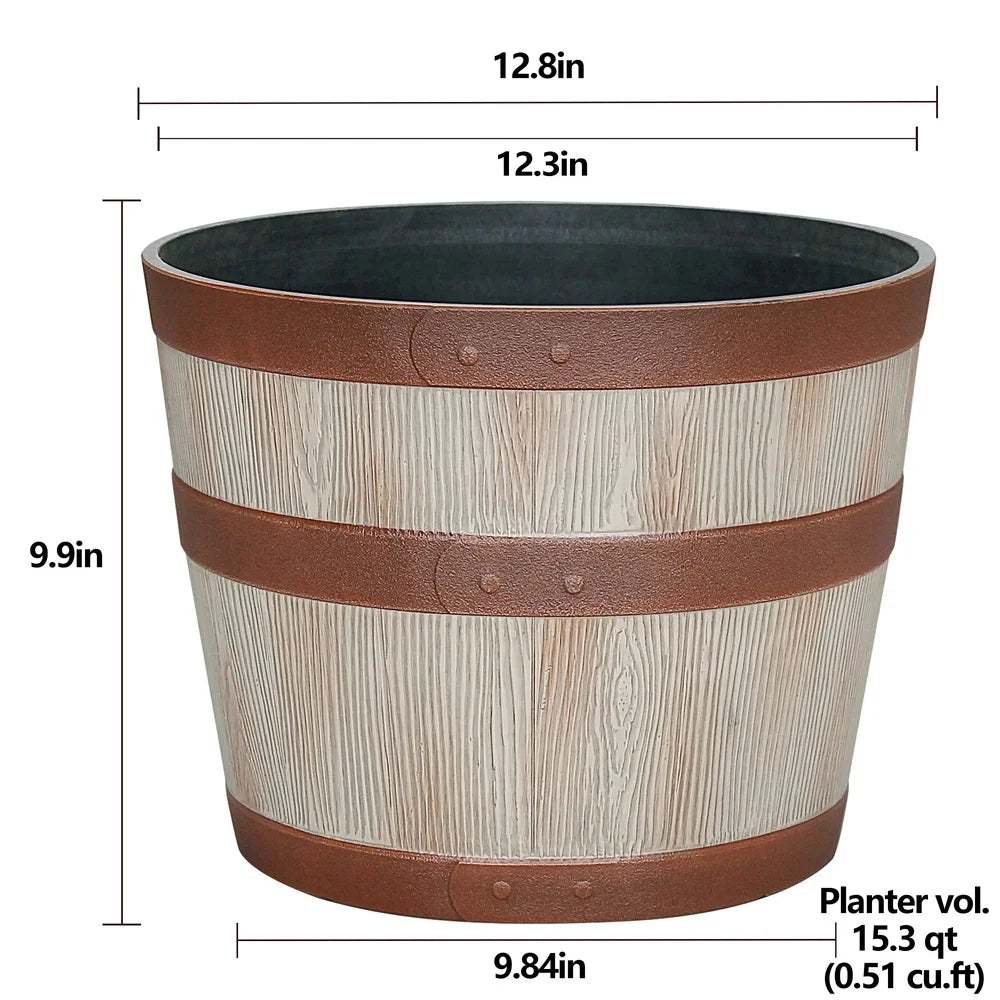 Whiskey Barrel Resin Planter Durable Indoor Outdoor Round Pot with Drainage Holes Frost Resistant Lightweight Easy Care