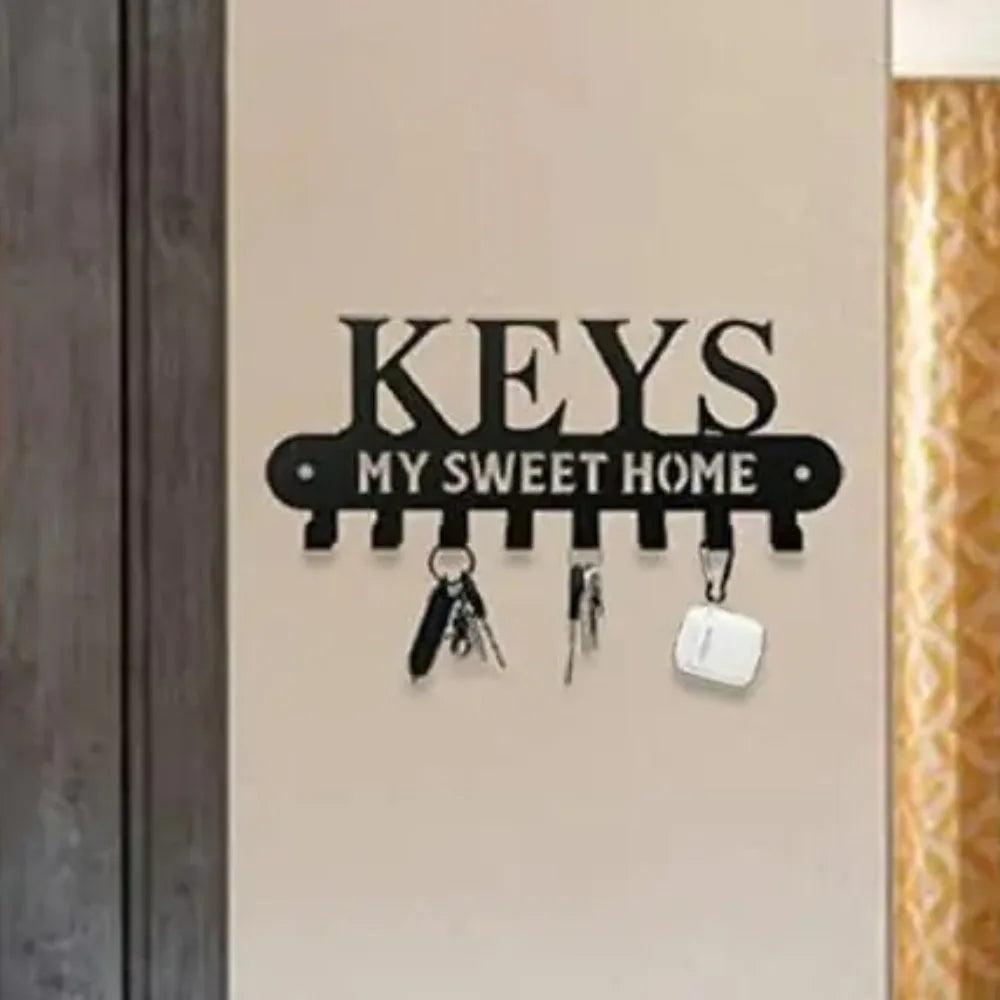 Sweet Home Decorative Wall | Black Metal Key Holder | Wall Mounted Coat & Storage Rack Hanging