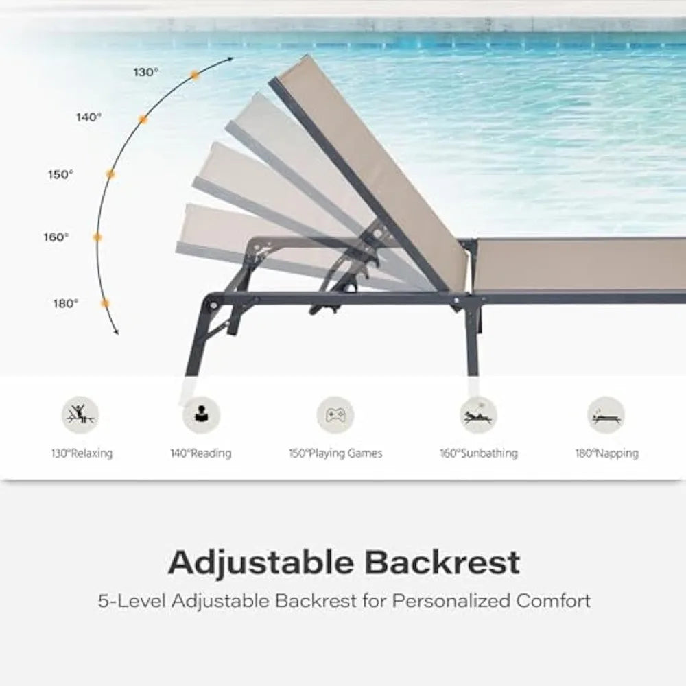 Chaise Lounge Chair Set of 2, Tanning Chairs with 5-Position Adjustable Backrest, Outdoor Chaise for Pool, Beach, Patio and Bac