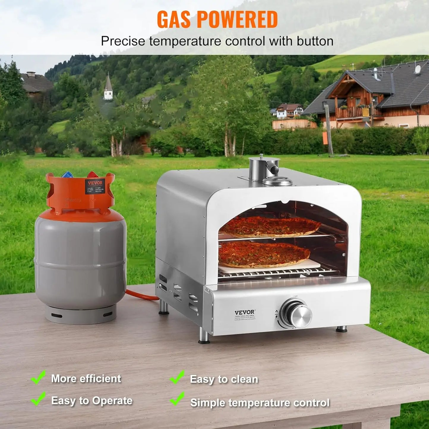 Outdoor Pizza Oven, 2-IN-1 Gas Pizza Maker & Grill, Propane Griller with Pizza Stone, Visual Door and Built-in Thermometer,