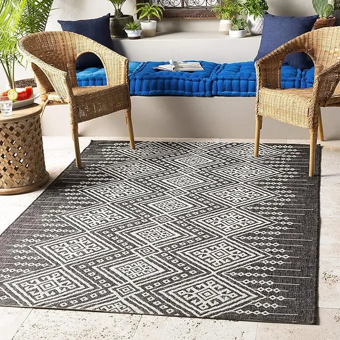 Outdoor Rugs, 8x10 Antibes Global Indoor/Outdoor Black Area Rug, Non Shedding Black White Carpet for Patio, Outdoor Carpet