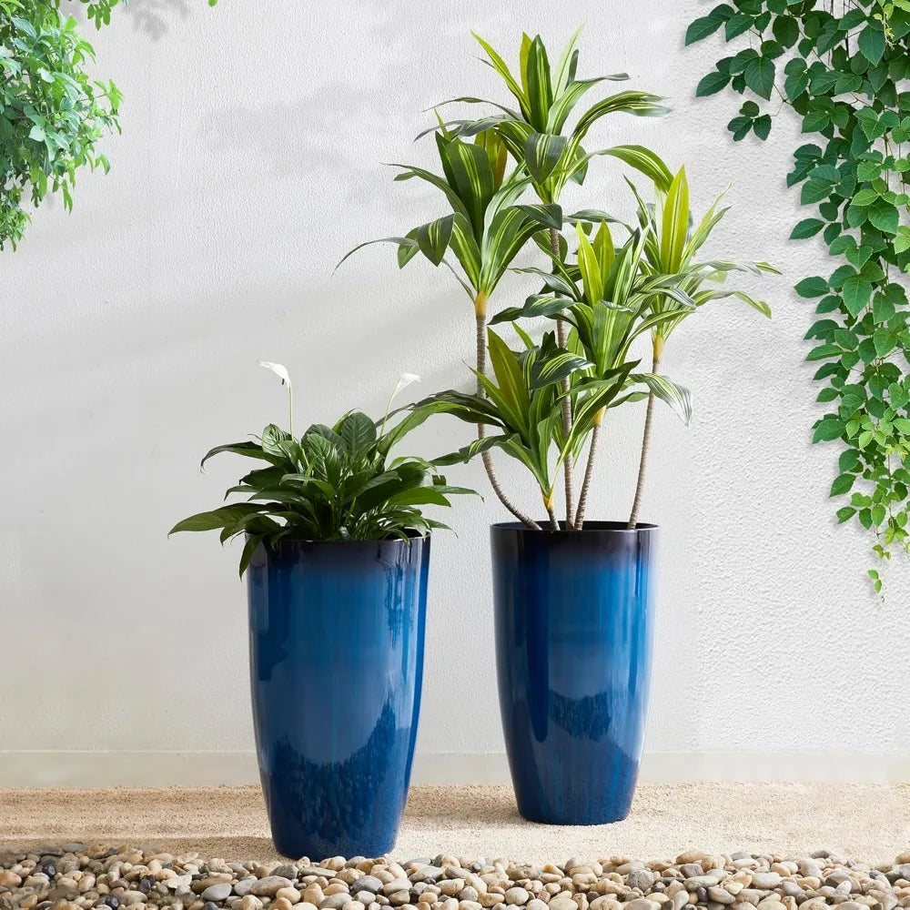 Oversized Tall Round Tapered Planter, Set of 2 Large Gradient Cobalt Blue Faux Ceramic Tall Planters Pots,