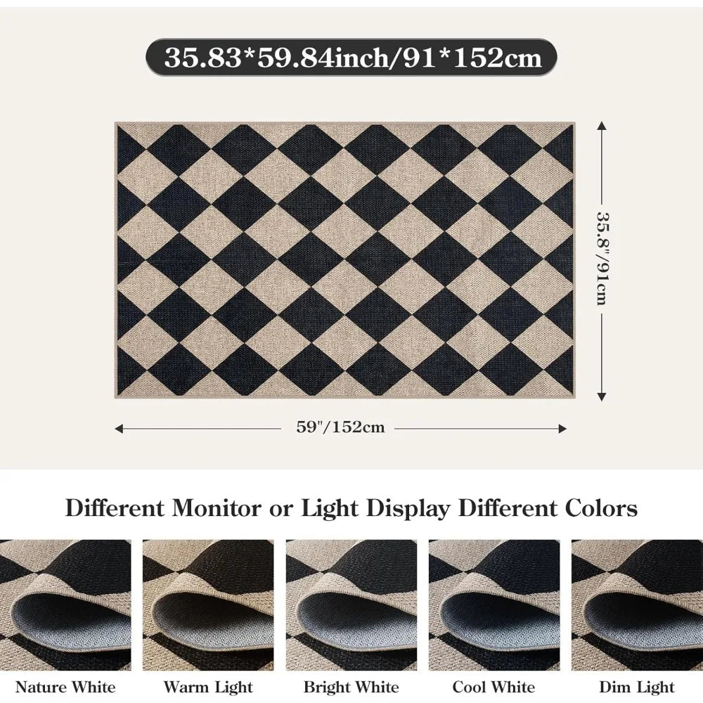 Checkered Easy Jute 3x5 Outdoor Patio Rug, Washable Rugs, Farmhouse Neutral Non Slip Black Door Carpet for Backyard Bedroom, Rug