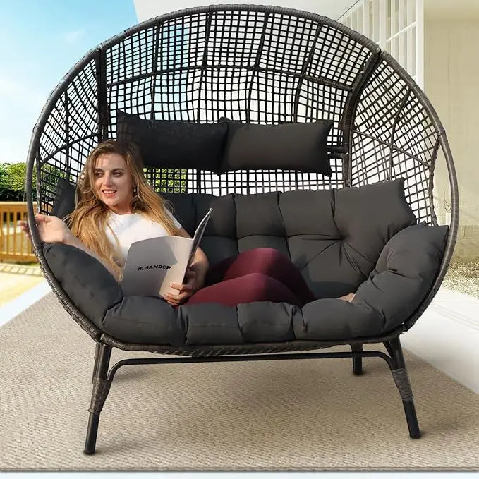 Double Egg Chair Indoor Outdoor 680lbs, 2 Person Brown Wicker Oversized Stationary Egg Chair with Beige Thick Cushion, Patio Wi