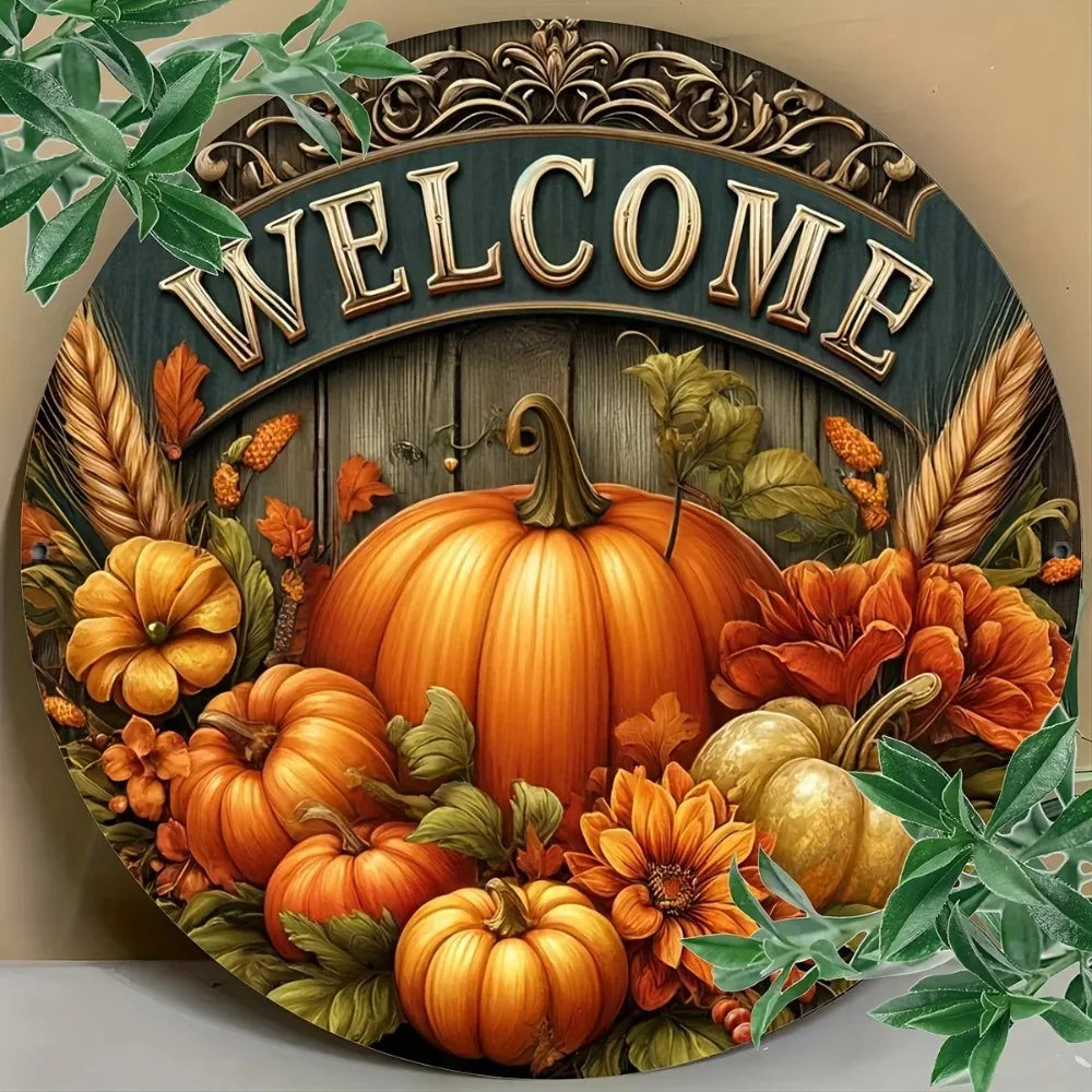 Tin Painting - 8" Round Metal Sign Welcome | Fall Harvest Festival & Thanksgiving Decor | Ideal for Home & Cafe Decorating