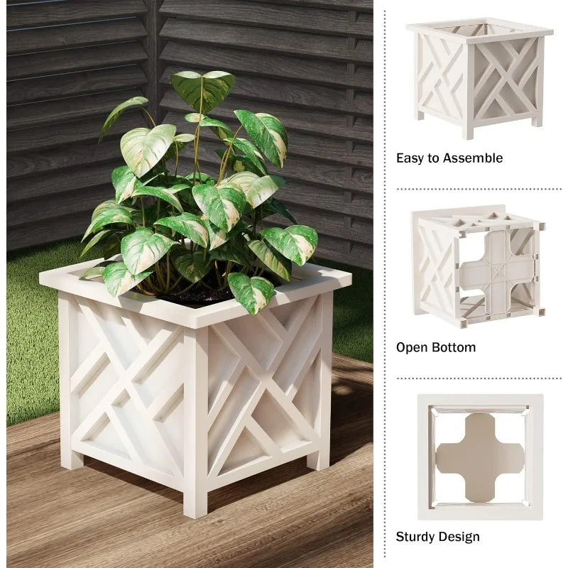 Lattice Design Planter Box 2-Pack – 14.75-Inch Decorative Outdoor Flower or Plant Pots – Front Porch, Patio, and Garden Decor